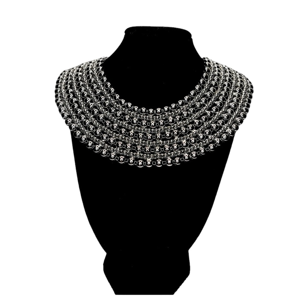 Beaded large silver collar necklace